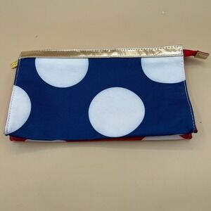 Elizabeth Arden Polka Dot Makeup Bag Navy Red Gold Trim Cosmetic Pouch
